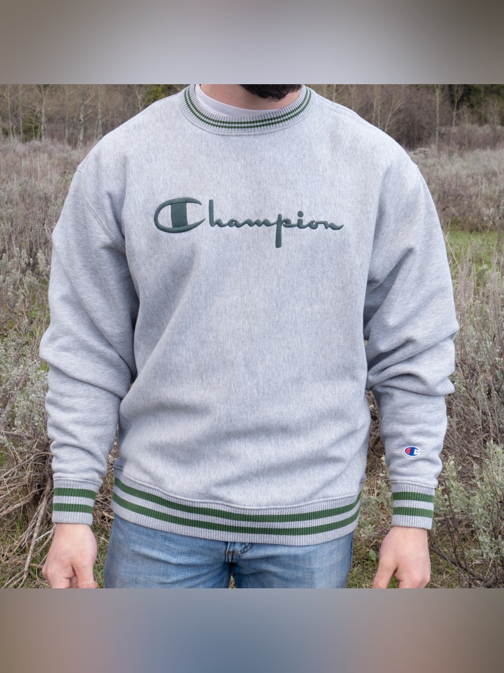Champion Light Gray Crewneck Sweatshirt with Green Trim